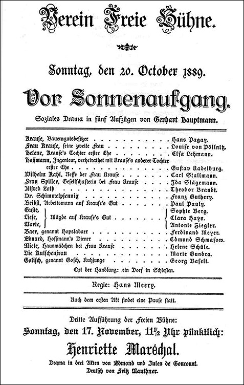 Playbill for Gerhart Hauptmann’s <i>Before Daybreak</i> [<i>Vor Sonnenaufgang</i>] (October 20, 1889)
